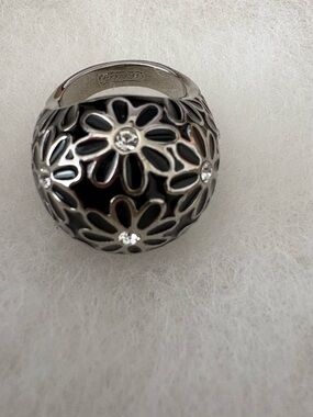 Coach Black and Silver Floral Dome Ring with Crystal Accents